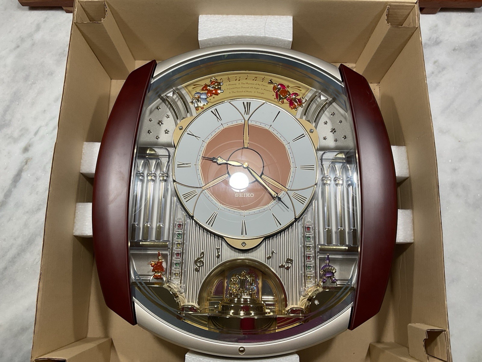 Seiko Melodies In Motion Musical Wall Clock QXM250BRH Swarovski Works