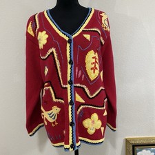 Vintage Storybook Knits Sweater Home Shopping Network Red Yellow Animals SZ Lar