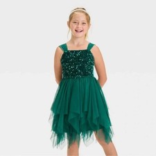 Cat  Jack  Girls 14 Dress XL Tulle  Velvet Sleeveless Sequins Dark Green