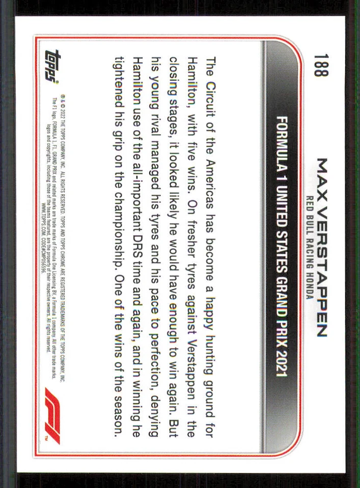 2022 Topps Chrome Formula 1 #188 Max Verstappen DOD - Image 2 of 2