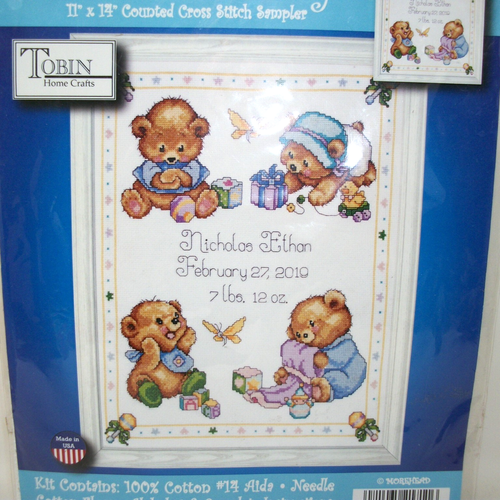 Cross Stitch Kit Design Works Tobin BABY BEAR Sampler Birth Record #T21711 - Picture 2 of 16