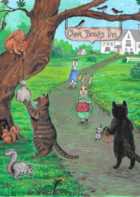 ACEO PRINT OF PAINTING RYTA EASTER BLACK CAT SQUIRREL TABBY BUNNY RABBIT SPRING