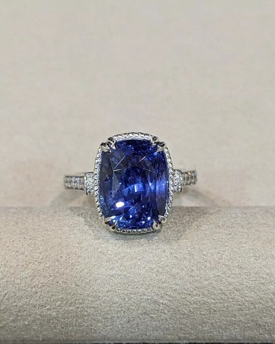 Anello donna aureola taglio cuscino 2,20 ct zaffiro simulato placcato oro bianco 14 carati - Foto 1 di 3
