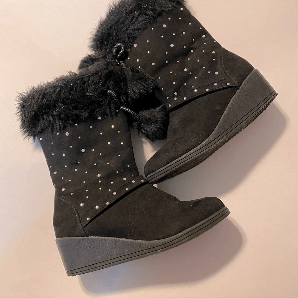 Piper black tall Rachelle Girls Wedge Boots faux suede fur