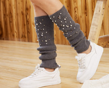 Winter Pearls Wool Knitted Socks Rhinestone Leg Warmer Gifts Crochet Leggings