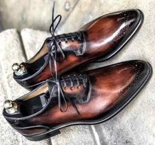 New Men's Handmade Brown Color Leather Oxford Lace Up Brogue Casual Shoes Men