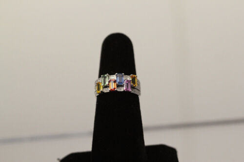 14K White Gold Multi Colored Stones Ring W/Dia. Chip Accents 3.4 Grams (RIN8880)