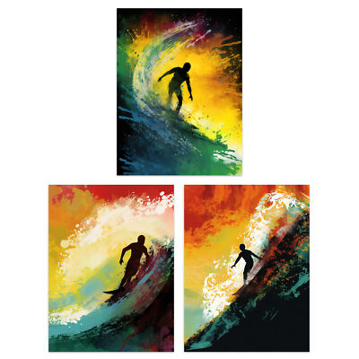 Surfing at Sunset Paintings Bright Action Seascape Aesthetic A4 Poster 3 Pack