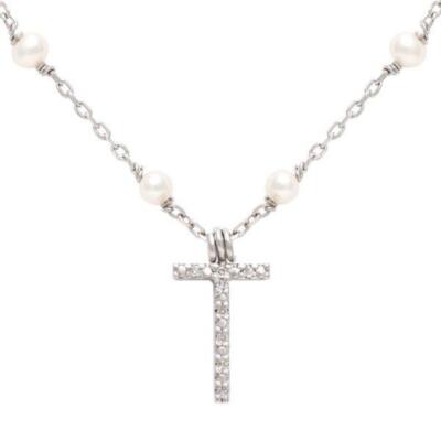 Collar De Perlas Con Inical T De Plata Esterlina Y Diamantes Con Halo 16'' L