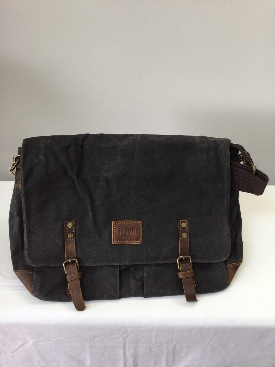 New Men's LIFEWIT Brown Leather/Canvas Messenger Bag Diameter 17