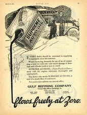 1922 Gulf Refining Company Ad: Supreme Auto Oil Flows Freely at Zero Degrees