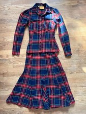  RARE 1970s Betsey Johnson for Alley Cat skirt set, plaid wool, puff sleeves