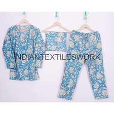 Indian 100 Pure Cotton Floral Print PJ Set Night Wear V-Neck Pajama Set Gifted