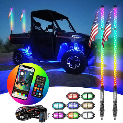 WEISEN 2x 4FT RGB LED Whip Lights Wire Kit+8x Rock Lights For ATV UTV JEEP SUV