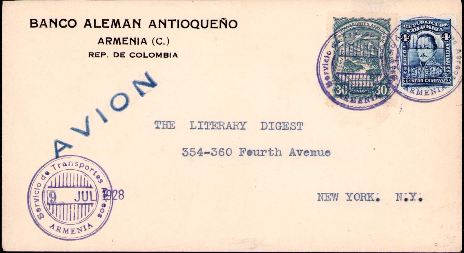 COLOMBIA - USA - 30c SCADTA COVER - ARMENIA to NEW YORK - 1928 RRR