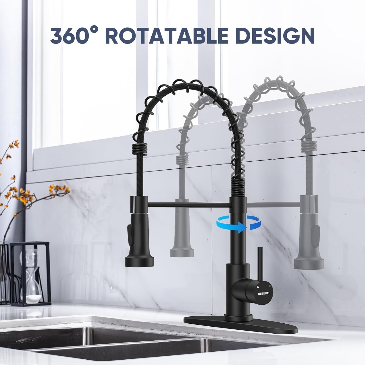 как выглядит High Arc Kitchen Faucet with Pull-Down Sprayer, 360 Swivel Design in Matte Black фото