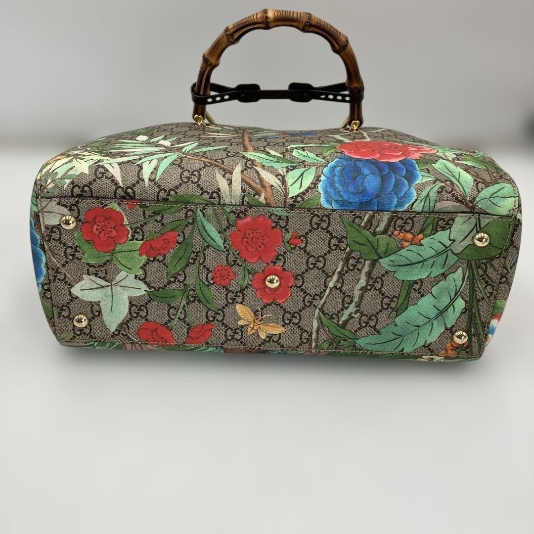 Gucci GG Supreme Flower Bird Tote Bag Bamboo Shopper Used from