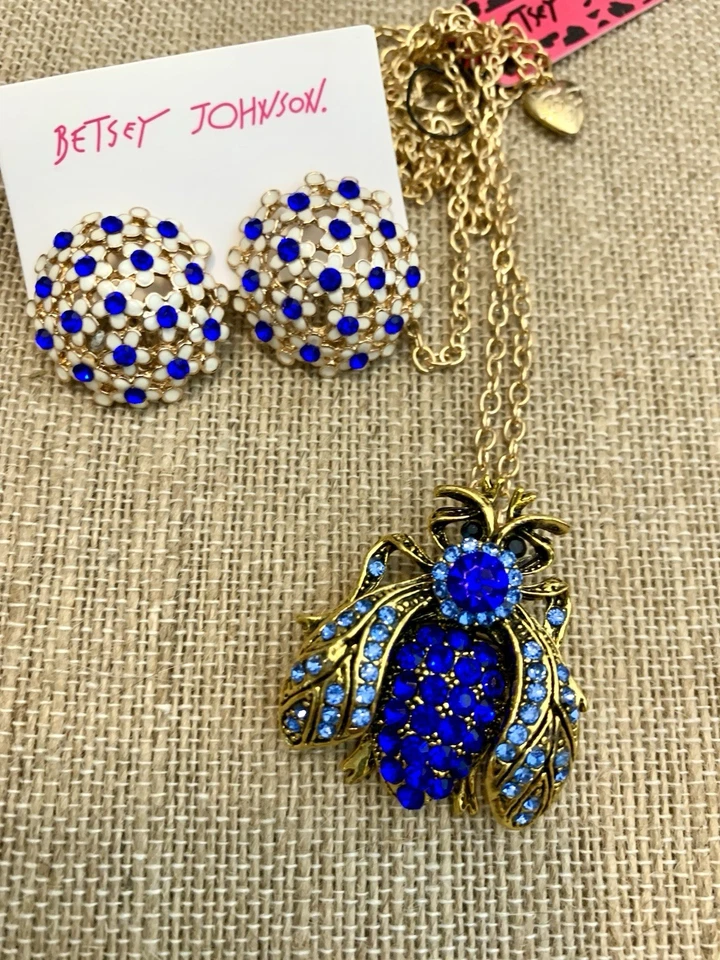 Pendientes Betsey Johnson Floral Esmalte Azul Estrás Collar Insecto Azul Foto 2 de 4