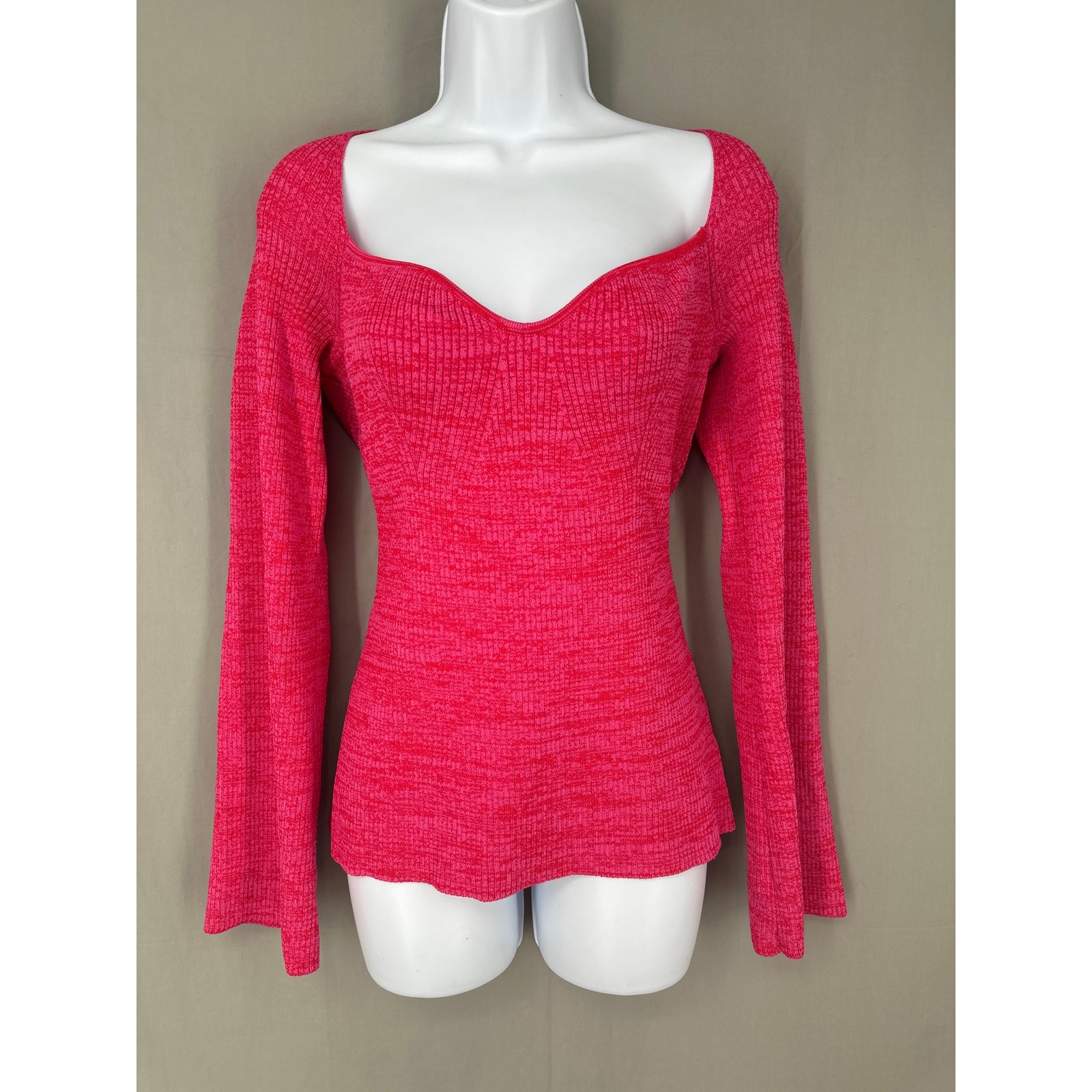 HM Top Womens Large Pink Sweetheart Neckline Flare Sleeve Stretch Ribbed Knit