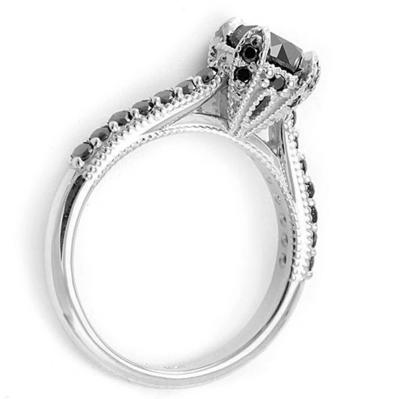 Комплект из 2 круглых черных ониксовых лабораторно созданных подходящих свадебных колец с покрытием из белого золота 14 карат - Изображение 4 из 4