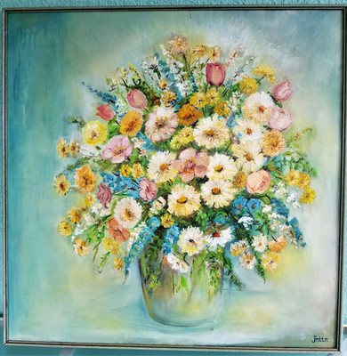 Vintage Signed Oil Painting Vibrant Flowers Still Life 31.25'' Canvas