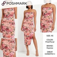 Express Pink Floral Ruched Mesh Bodycon Midi ...
