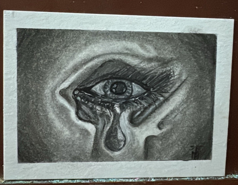 Original Charcoal Drawing of Crying Eye, Signed, #8 M.E. Dragonfly Art, ATC ACEO