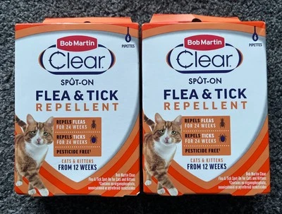 2 X 6 Pipettes Bob Martin Clear Spot On Flea & Tick Repellent for Cats & Kittens