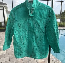 Linen 100 Green Eyelet Women Summer Lightweight Jacket Blazer Size S / 4