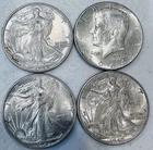 Lot of 4 Half Dollars 90% Silver. 3 Walking Liberty & 1964 Kennedy. Nice Coins!