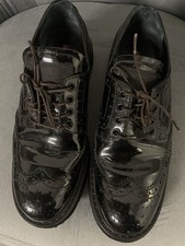PRADA Unisex Black Patent Leather Brogue Lace-Up Oxford Dress Shoes Rubber