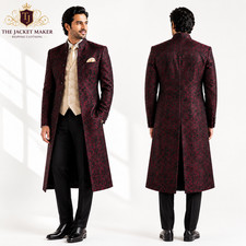 Mens Burgundy Black Jacquard Long Tailcoat Suit Gold Waistcoat Wedding Groom For