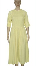 Free People Fp One Ruched Smocked Puff Short Sleeve Yellow Midi Dress New XS
