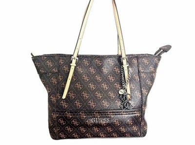 Guess Brown Monogram Logo Print Tote Handbag with Cream Straps