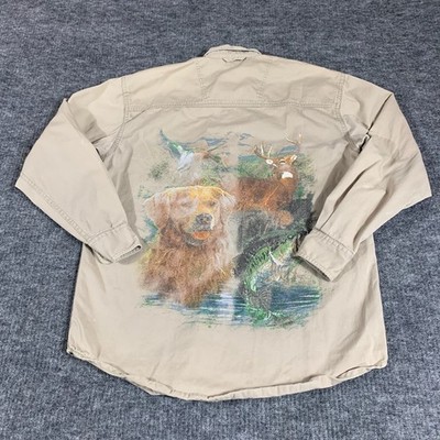 VTG NCC Apparel Shirt Mens Medium Beige Button Up Golden Lab Dog Hunting Outdoor