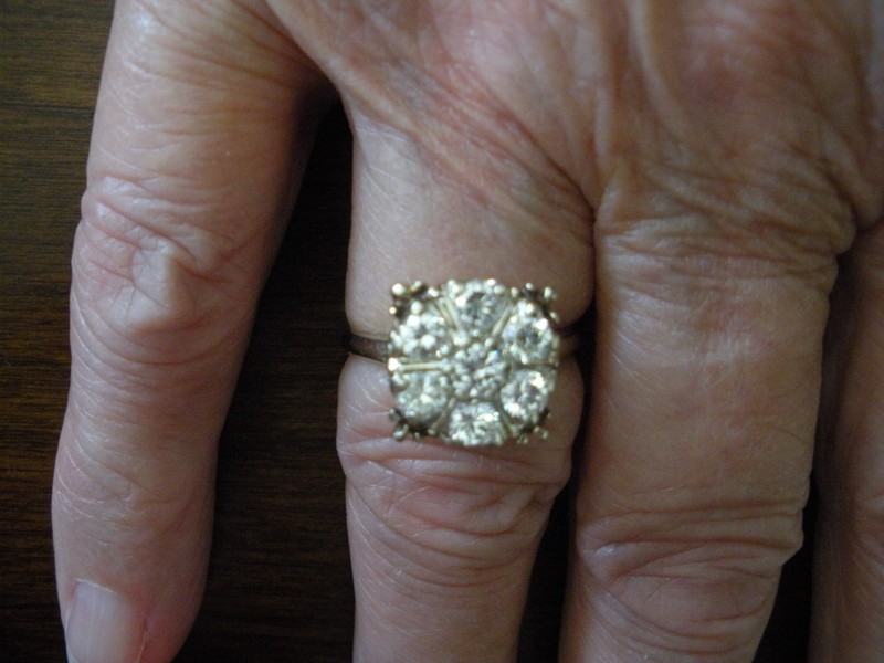 1 CT- 7 Diamond Square Cluster Ring- 14K White Gold-Size 8.5. NOT lab grown.