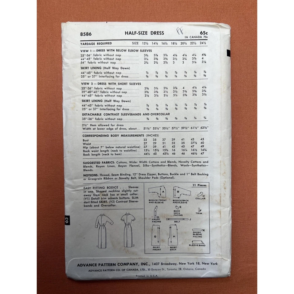 Advance Sewing Pattern 8586 Half-Size Dress Size 24-1/2 FF UNCUT - Image 2 of 4