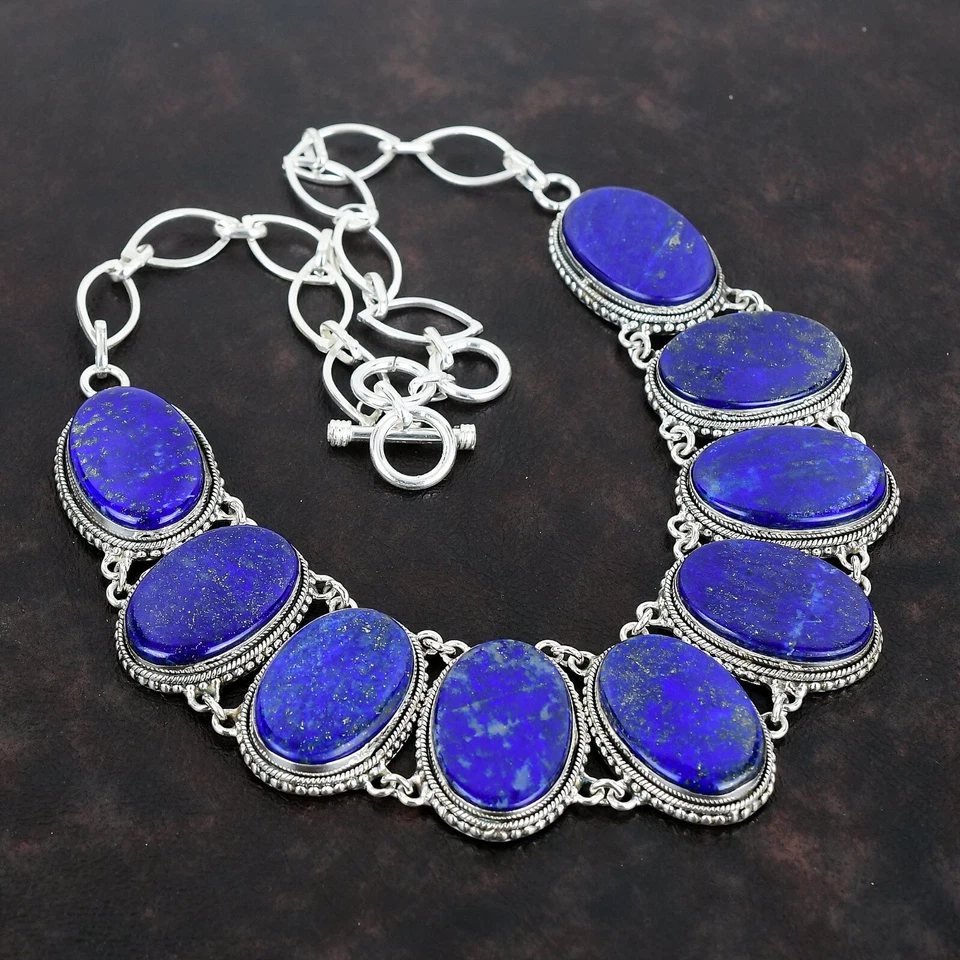 Venta de San Valentín 925 Plata Lapislázuli Piedra Cadena Bisel Vintage Collar Boho Foto 3 de 4