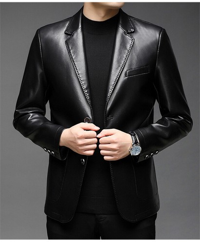 Hombres Traje-Chaqueta Negocios Informal Botón Solapa Cuello Imitación Cuero Traje Abrigo - Imagen 1 de 13