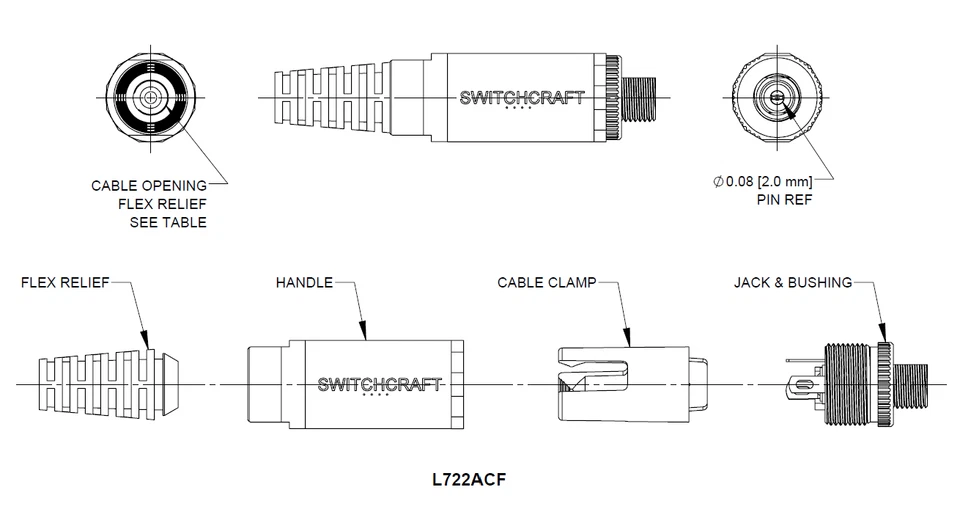 Switchcraft L722ACF 5.5 x 2.0mm Inline Flex Coaxial Barrel Jack, Copper Alloy,5A - Image 2 of 4
