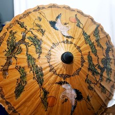 Vintage Japanese Paper Umbrella Parasol Rice Paper Oil Bamboo Painted Swans 26"