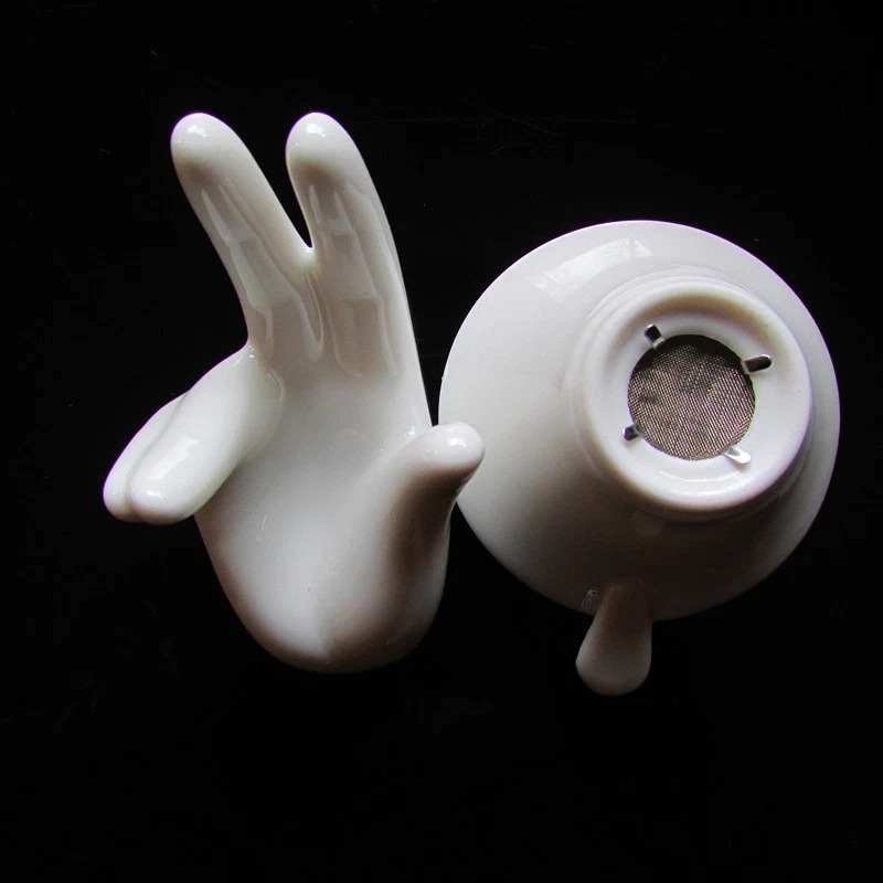 Chinese tea accessories tea filter net with holder hand shape porcelain strainer - Image 3 of 4