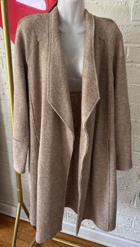 TAHARI Jacket Women Large Beige Wool Blend Unlined Knit Open Front Long Cardigan