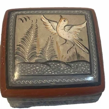 Vintage Tonala Mexico Pottery Trinket Jewelry Box, Folk Art Bird 3.5” Square