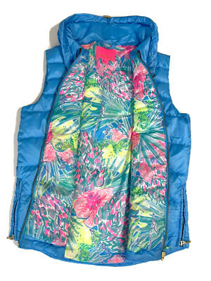 $178 Lilly Pulitzer Palm Paradise Puffer Vest Zanzibar Blue Size S