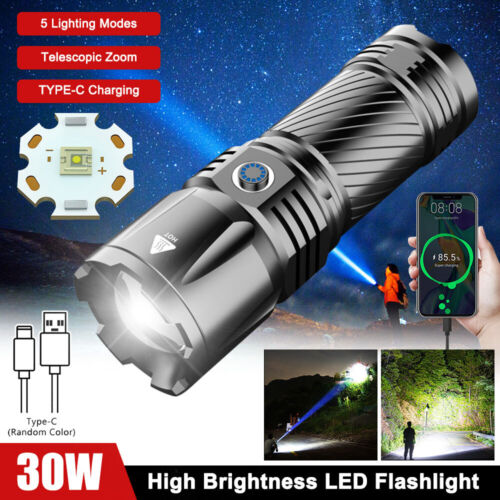Torche rechargeable USB 1200LM 30W LED étanche lampe de poche extérieure zoom