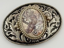 Western Scroll Engraved Belt Buckle Oval Stone Inlay Floral Silver Tone Vtg