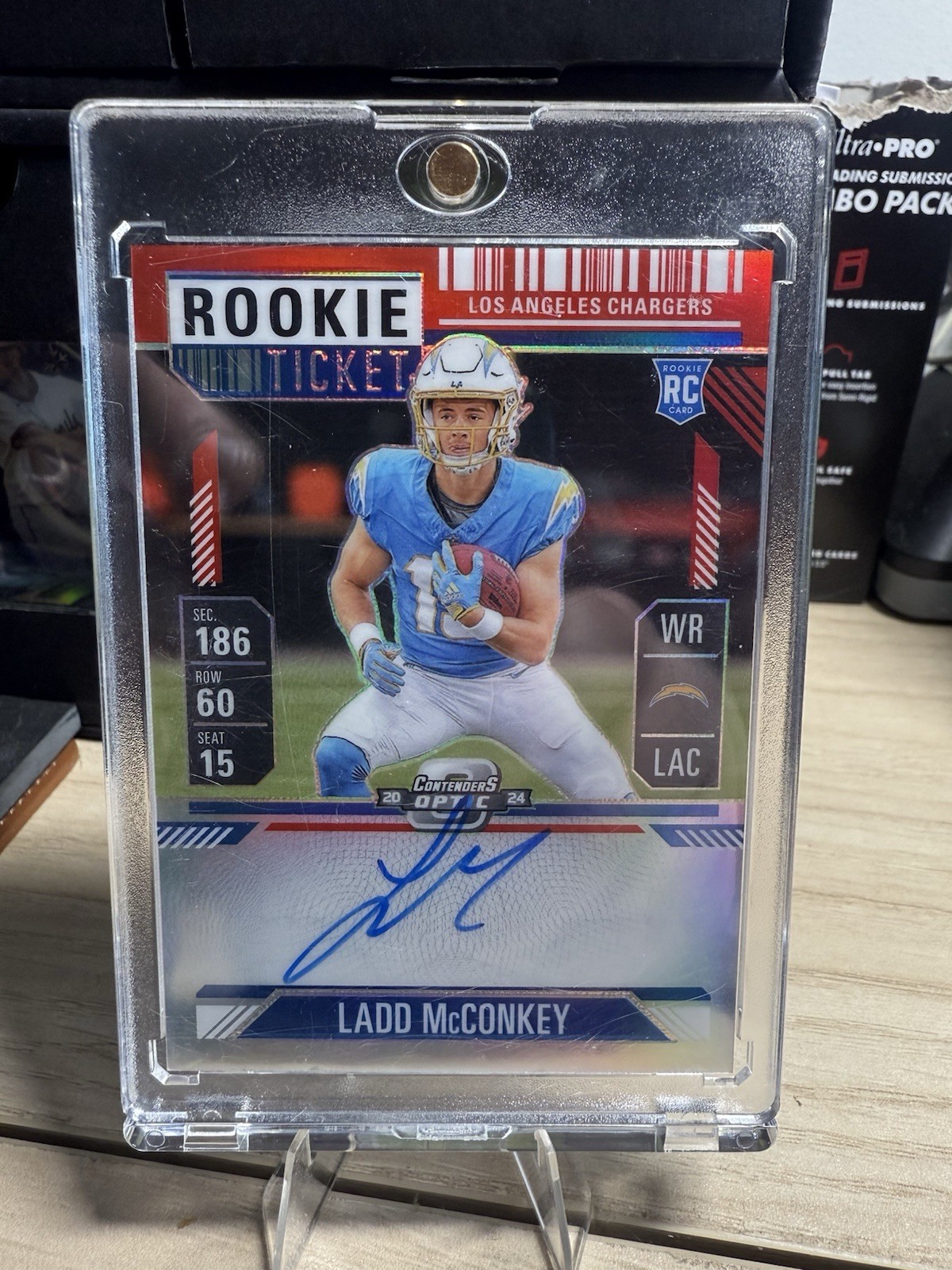 2024 Contenders Optic Ladd McConkey Red Rookie Ticket AUTO /175 ON CARD