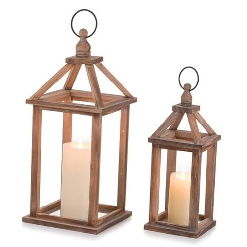 Farmhouse Wood Candle Lantern - 12" / 16" Set of 2 Rustic Wooden Brown