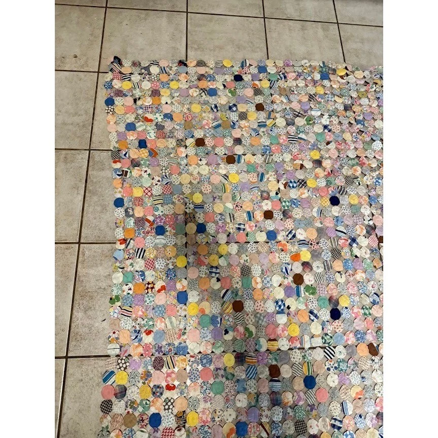 复古 Yo Yo 被子手工拼布五颜六色的床罩毯 65"x98" — 第 4/4 张图片